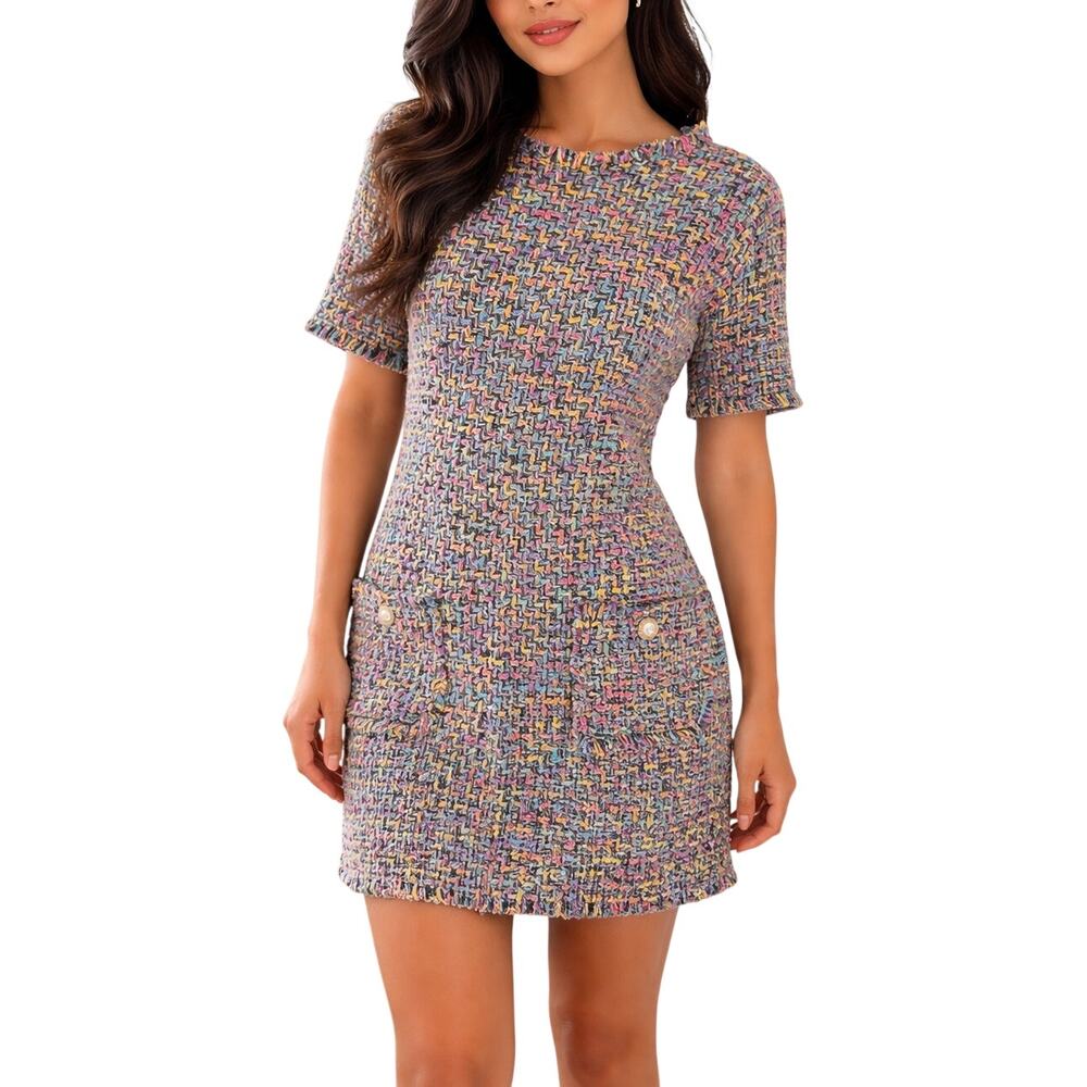 BeeU Boutique Tweed Mini Dress with Pearl Pockets Large NWT